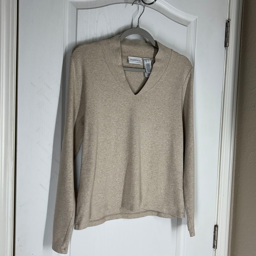 Liz Claiborne Womens XL Beige Heathered Notched V-Neck Long Sleeve Top Cotton
